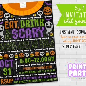 Invitación a la fiesta de Halloween de suéter feo imprimible 5x7, suministros para la fiesta de Halloween, comer bebida y dar miedo, edítelo usted mismo, descarga instantánea