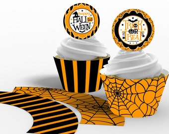 Printable Halloween Cupcake Toppers & Wrappers, Halloween Party Supplies,  Happy Halloween Topper, Trick or Treat Topper, Instant Download
