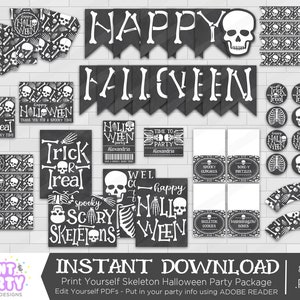 Druckbare Skelett Halloween Party Dekorationen, Halloween-Party-Zubehör, Schädel Halloween-Party, gruselige beängstigend Skelette, sofortiger Download