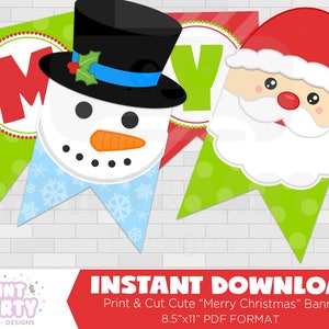 Merry Christmas Banner - Cute Christmas Party - Santa Banner - Kid Christmas Party - Christmas Banner - Snowman Banner -  Instant Download