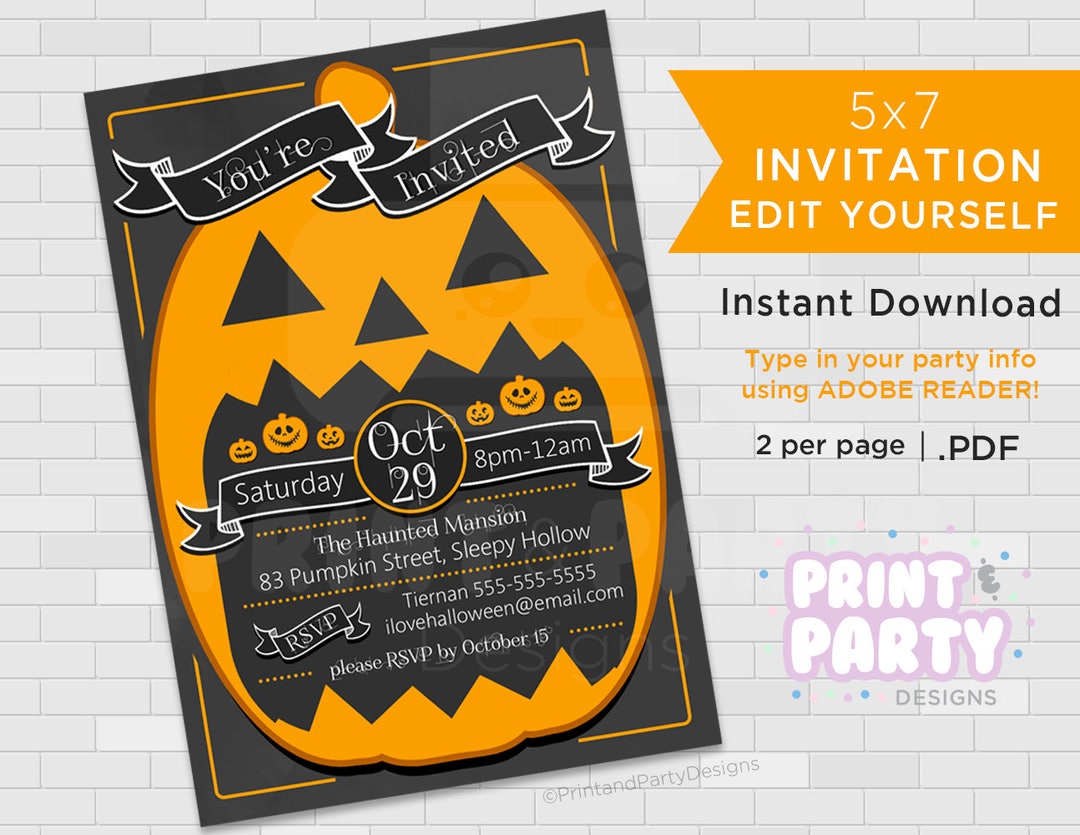 Printable Jack O Lantern Halloween Party Invitations, 5"x7" Halloween ...