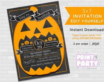 Printable Jack O Lantern Halloween Party Invitations, 5"x7" Halloween Pumpkin Invitations, Edit Yourself, Instant Download, Adobe Reader