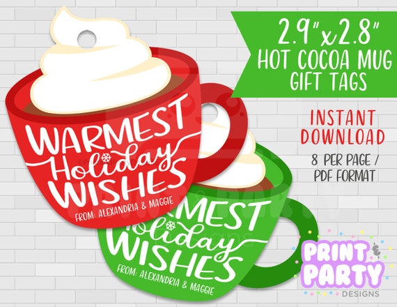 Printable Hot Chocolate Christmas Party Favor Gift Tags, Holiday Gift Idea, Hot Cocoa Mug Gift Tags, Warm Wishes, Instant Download Il_570xn