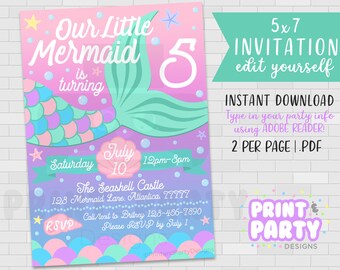 5x7 Printable Mermaid Tail Birthday Party Invitation, Mermaid Invite, Our Little Mermaid, Edit Yourself, Instant Download