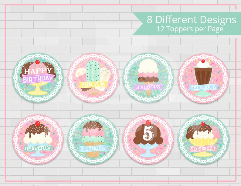 Printable Girl's Ice Cream Shop Cupcake Toppers and | Etsy