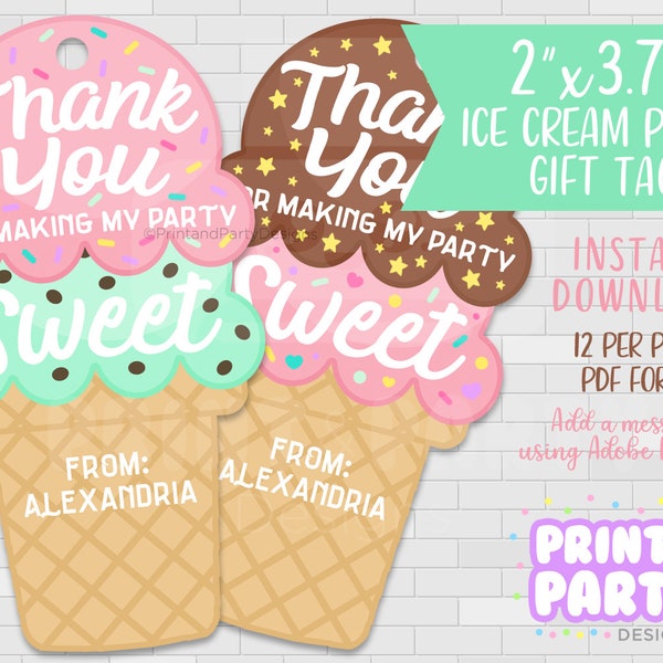 Printable Ice Cream Birthday Party Favor Gift Tags, Ice Cream Treat Bag Stickers, Thank You For Making My Party Sweet, Instant Download