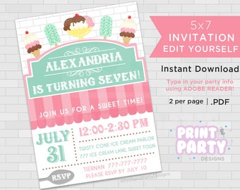 Printable Girl's Ice Cream Shoppe Birthday Party Invitations, Ice Cream Party, Ice Cream Social Invitations, Edit Yourself, Instant Download