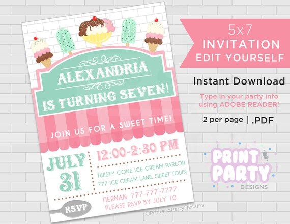 Printable Girl's Ice Cream Shoppe Birthday Party Invitations, Ice Cream Party, Ice Cream Social Invitations, Edit Yourself, Instant Download Il_570xn