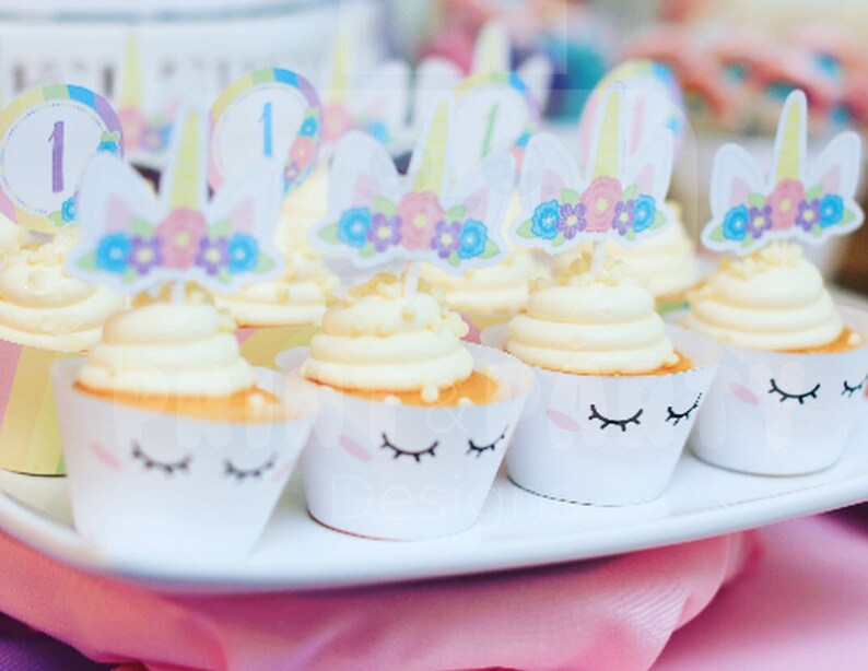 printable girl unicorn horn cupcake toppers and wrappers etsy