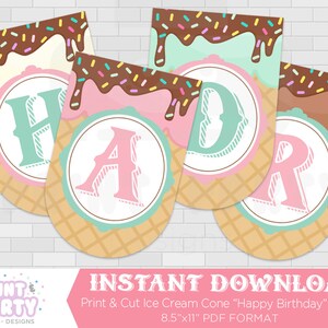 Printable Ice Cream Cone Happy Birthday Banner, Ice Cream Shoppe Birthday Party, Ice Cream Social, Ice Cream Banner, Instant Download