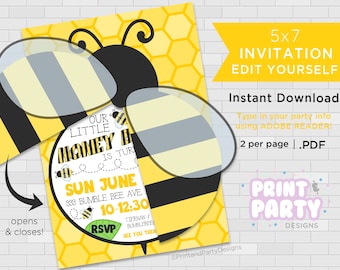Printable Bumble Bee Birthday Party Invitations, Summer Honey Bee Party, 5x7 Busy Bee Invitations, Edit Yourself, Instant Download