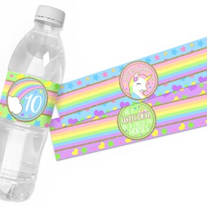 Printable Gold Glitter Rainbow Unicorn Water Bottle Labels, Unicorn Birthday Party Supplies, Rainbow Bottle Wraps, Instant Download