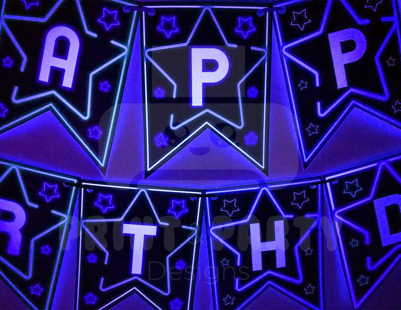 May include: A black and blue star-shaped banner with the word "Happy Birthday" spelled out in white letters. Each letter is on a separate star. The banner is lit up with blue lights.