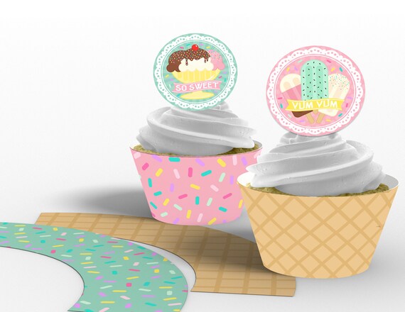 Printable Girl's Ice Cream Shop Cupcake Toppers and Wrappers, Summer Ice Cream Parlor Birthday Party, Edit Yourself, Instant Download Il_570xn