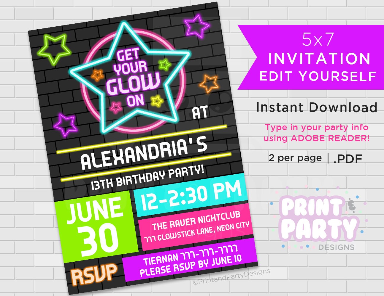 Printable Blacklight Neon Birthday Party Invitations Teen Etsy Canada