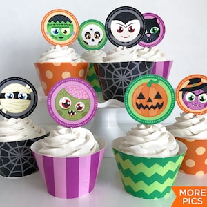 Printable Cute Halloween Cupcake Toppers and Wrappers, Kid&#39;s Halloween Party, Halloween Cupcake Favors, Print Yourself, Instant Download