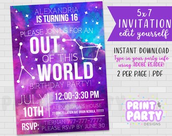 5x7 Printable Galaxy Nebula Birthday Party Invitation, Space Birthday Party, Galaxy Invitation Download, Edit Yourself, Instant Download