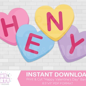 Happy Valentine&#39;s Day Banner - Candy Hearts Banner - Valentine&#39;s Day Party - Conversation Hearts Banner - Instant Download
