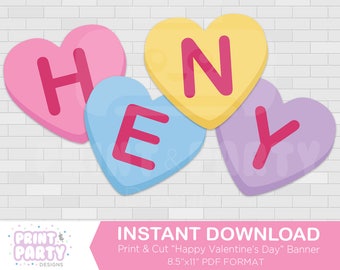 Happy Valentine's Day Banner - Candy Hearts Banner - Valentine's Day Party - Conversation Hearts Banner - Instant Download