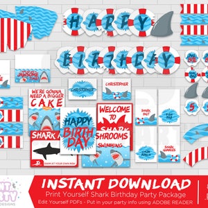 Printable Boy&#39;s Shark Birthday Party Decorations, Shark Week Birthday Party, Printable Summer Shark Party, Print Yourself, Instant Download