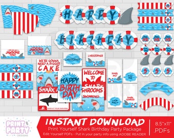 Printable Boy's Shark Birthday Party Decorations, Shark Week Birthday Party, Printable Summer Shark Party, Print Yourself, Instant Download