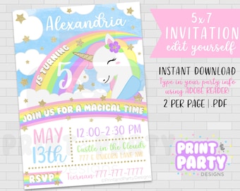 Invitation imprimable de licorne, invitation de fête d’anniversaire de licorne, fête de licorne magique, invitation de licorne arc-en-ciel pastel, téléchargement instantané