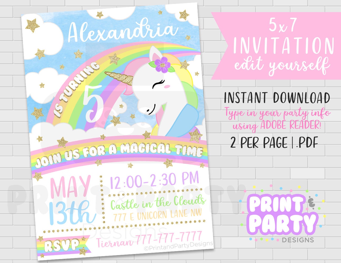 printable unicorn invitation unicorn birthday party etsy
