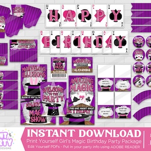Decoraciones de fiesta de cumpleaños del espectáculo mágico de la chica, decoraciones de suministros de la fiesta del cumpleaños del mago, fiesta mágica. Descarga instantánea