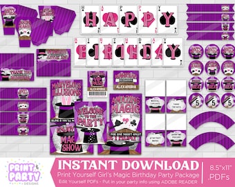 Printable Girl's Magic Show Birthday Party Decorations, Magician Birthday Party Supplies Decorations, Magic Party. Instant Download