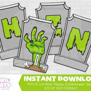 Printable Zombie Happy Zombieween Banner, Zombie Halloween Party Decorations, Zombie Bunting, Walking Dead Party, Instant Download image 1