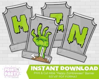 Printable Zombie Happy Zombieween Banner, Zombie Halloween Party Decorations, Zombie Bunting, Walking Dead Party, Instant Download