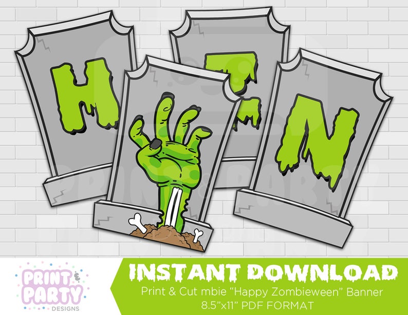 Printable Zombie Happy Zombieween Banner, Zombie Halloween Party Decorations, Zombie Bunting, Walking Dead Party, Instant Download image 1