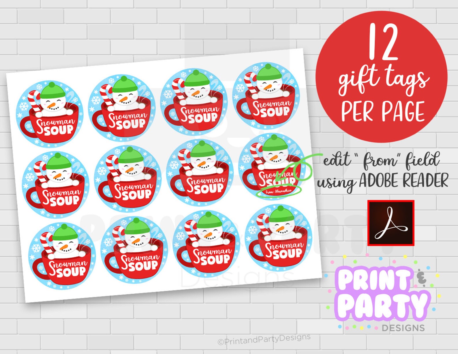 Printable Snowman Soup Christmas Party Favor Gift Tags | Etsy