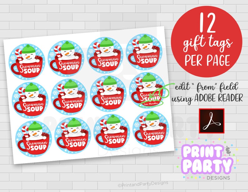 Printable Snowman Soup Christmas Party Favor Gift Tags | Etsy