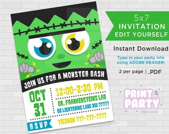 May include: Green monster invitation with big eyes and a toothy grin. The invitation says "Join us for a monster bash" and includes the date, time, and location of the party. It also says "RSVP" and includes a phone number.