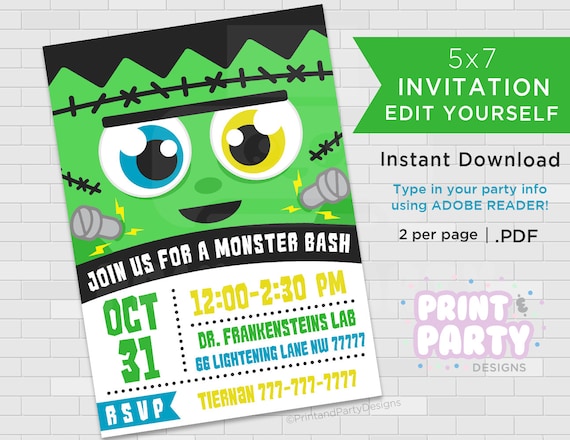 Printable Frankenstein Monster Halloween Party Invitations, 5x7 Halloween Monster Invitations, Edit Yourself, Instant Download Il_570xn