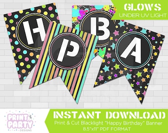 Neon Glow Happy Birthday Banner - Neon Glow Birthday Party - Blacklight Banner - Blacklight Party - 80s Birthday Party - Instant Download
