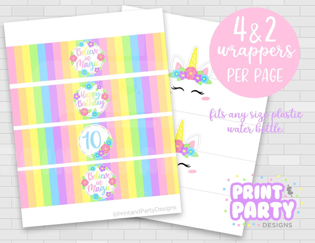 Printable Rainbow Unicorn Face Water Bottle Labels Unicorn - Etsy