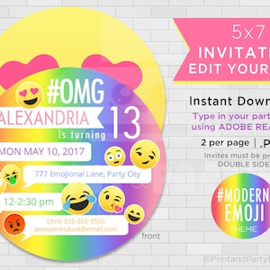 Emoji Birthday Party Invitations - Emoji Invitations - Rainbow Emoji Party - Edit Youself - Emoticon Party - Instant Download - Adobe Reader