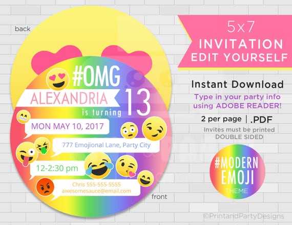 Emoji Birthday Party Invitations - Emoji Invitations - Rainbow Emoji Party - Edit Youself - Emoticon Party - Instant Download - Adobe Reader Il_570xn