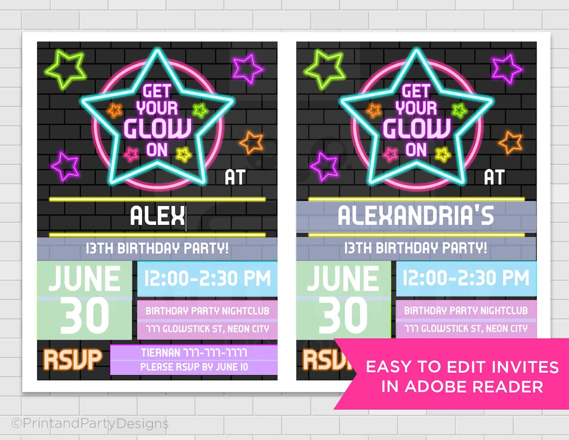 Printable Blacklight Neon Birthday Party Invitations Teen Etsy Denmark