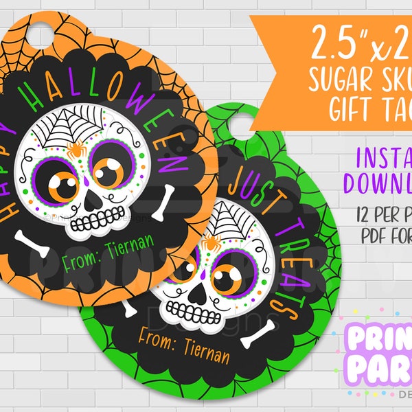 Printable Sugar Skull Day of the Dead Halloween Favor Gift Tags, Happy Halloween Gift Tags, Kids Halloween Party Favor, Instant Download