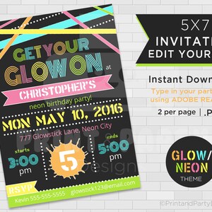 May include: A neon-themed birthday party invitation for a child named Christopher. The invitation is black with colorful neon stripes and text that says "Get Your Glow On" and "Christopher's Neon Birthday Party". The party is on Monday, May 10, 2016, from 3:00 PM to 5:00 PM at 777 Glowstick Lane, Neon City. The invitation also includes a RSVP number and email address.