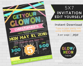 Neon Glow Birthday Invitations - 5"x7" Invitations - Blacklight Party - Edit Yourself - Glow Party - Instant Download - Adobe Reader