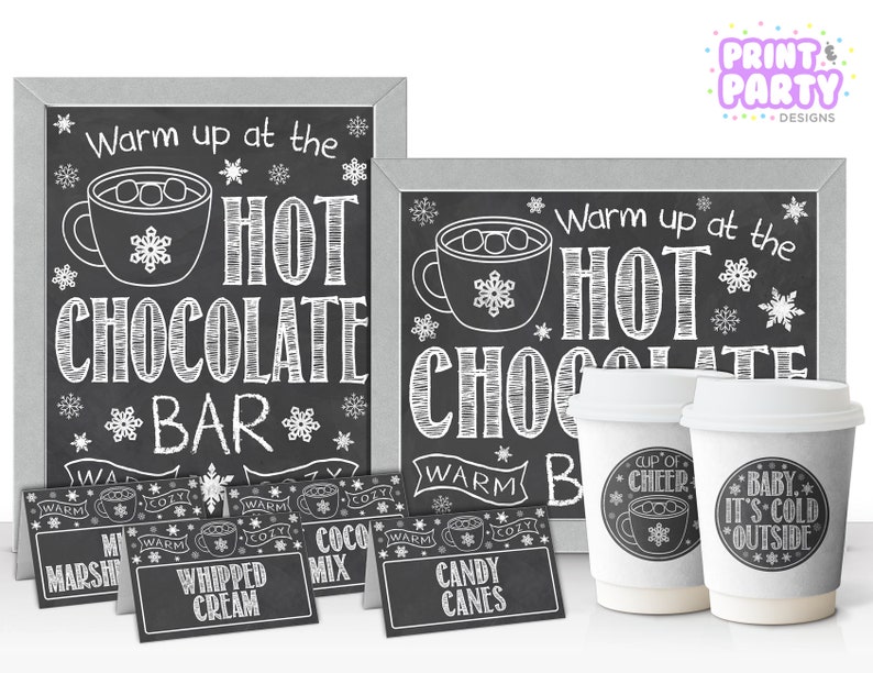 Printable Hot Chocolate Bar Kit, Office Holiday Party, Hot Cocoa Bar, Warm Up at the Hot Chocolate Bar, Winter Wedding, Instant Download image 1