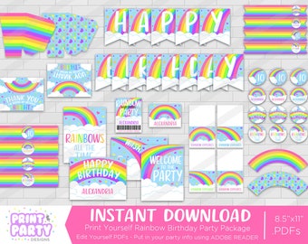 Printable Rainbow Birthday Party Decorations, Rainbow Birthday Party Supplies Decorations, Rainbow Party, Edit Yourself. Instant Download