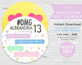 Emoji Birthday Party Invitations - Emoji Invitations - Emoji Birthday - Edit Yourself - Emoticon Party - Instant Download - Adobe Reader