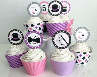 Cupcake Toppers & Wrappers - Pink and Purple Magic Theme - Edit Yourself - Magic Birthday Party - Instant Download