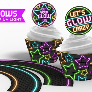 Afdrukbare Neon gloed Cupcake Toppers en Wrappers, Blacklight Cupcake Toppers, Neon partij, Blacklight, gloeien partij, Instant Download