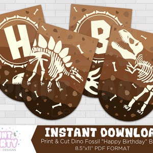 Printable Dinosaur Fossil Happy Birthday Banner, Dinosaur Birthday Party Decorations, Dinosaur Fossil Party Printables, Instant Download